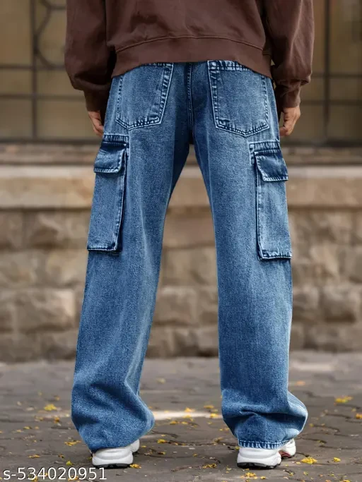 Maniac Mens Solid Baggy Deep Ocean Denim Fabric Cargo Jean