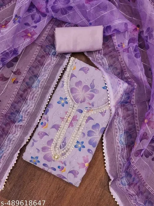 Women's Purple Organza Handwork Unstitched Dress Material
