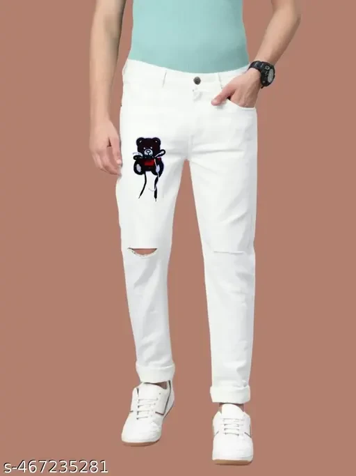 White jeans knee cut with brown teddy