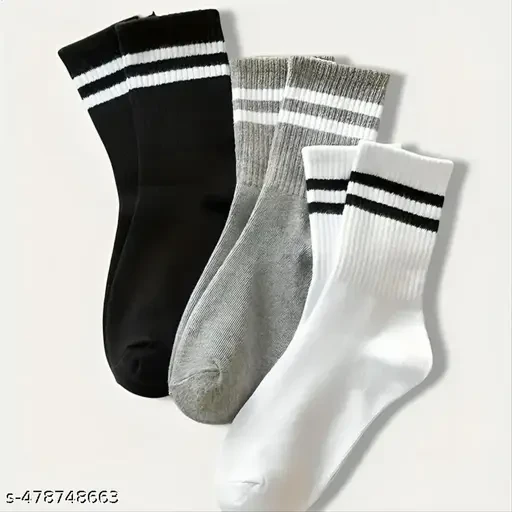 CROXTER Striped calf length men and women Socks, Set of 3, Black, White, and Grey