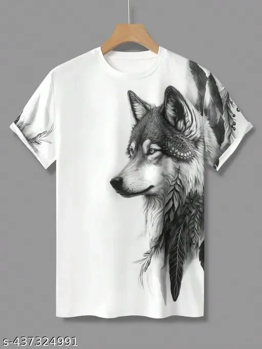 AM Men Solid Wolf Printed Round Neck T-shirt