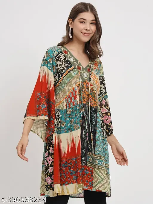 Floral Printed Tunic Blouse Summer Fit and Flare Casual Stylish Longline Top for Women Short Kurta Kimono