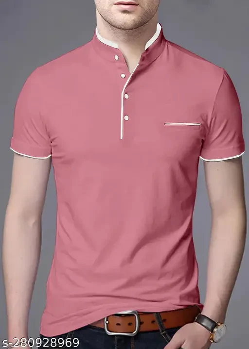 AOOSH Men's Solid Regular Henley Peach Tshirts