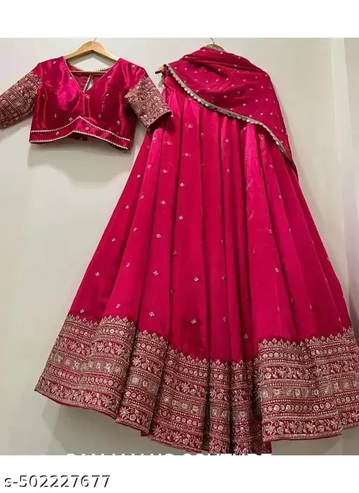 Women's Chinnon Sequins Embroidered Flared Semi-Stitched Lehenga Choli With Dupatta Set